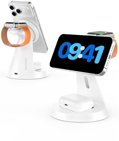 Wireless Charger 3 in 1 Charging Station for iPhone: Magnetic Docking Station for iPhone 17/16/15/14/13/12 - Multi Charging Dock for Apple Watch & Airpods 4 3 2 Pro (Adapter Included) (White)