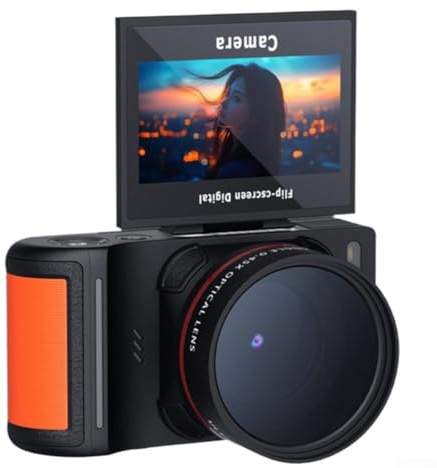 Fotocamera digitale con schermo a libro, registrazione video 4K, 5 megapixel, zoom digitale 18x, batteria ricaricabile e supporto WiFi per viaggi e studenti (nero)