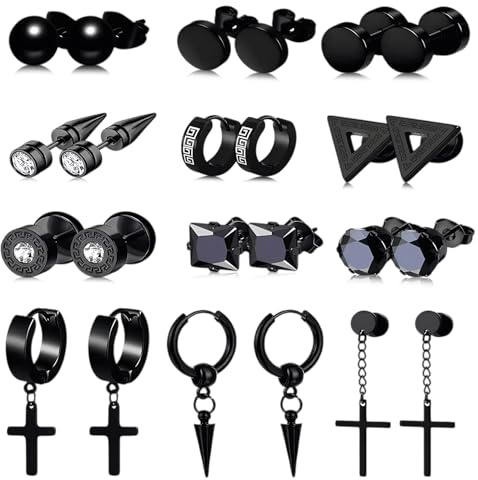 12 Paar Ohrringe Für Herren Ohrringe Männer Edelstahl Hypoallergen | Gothic Ohrstecker Schwarz Damen Earrings Men 12 Stile Geeignet Ideal Für Den Alltag Den Weg & Arbeit Partys & Auftritte