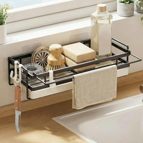 Spülbecken Organizer - Küchen Organizer mit Spültuchhalter Kohlenstoffstahl Metalle Hängender Küchenorganizer Badezimmer - Spülablage & Küchenablage ohne Bohren, Sink Organizer Schwammhalter, Schwarz