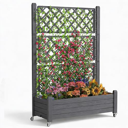 GYMHILL Elevated Raised Garden Bed with Trellis, 21 Gallon Self-Watering Outdoor Resin Planter Box with Lockable Wheels Drain Plug & Water Monitor for Plants Vegetables Flowers Fruits (Black)