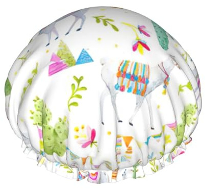 Alpaca Llama Cactus Flag Mountain Print Bath Cap For Long Hair And Short Hair, Washable Elastic Band Bath Hair Hat For Long Hair, Braid