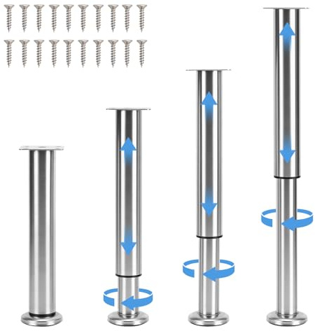 Yosoo Health Gear 4 Pcs Adjustable Stainless Steel Legs, Cabinet Table Furniture Legs, Support Table Leg Brushed Adjustable Height for Furniture Dining Coffee Bar Breakfast Worktop Table (25-42CM)