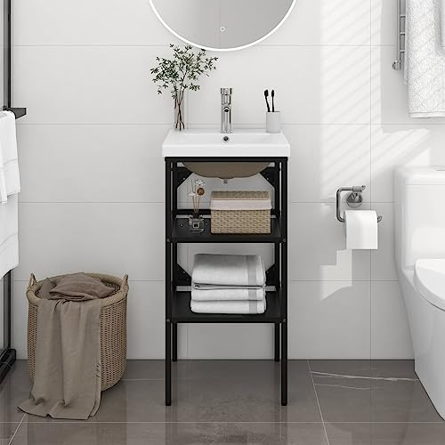 MBDRKVGF Modern Washbasin Frame with Ceramic Basin, Rectangular Powder-Coated Metal Bathroom Vanity Sink Stand, Space-Saving Storage Shelf for Home Decor, Black, 15.7 x 15.0 x 32.7 Inches