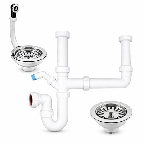 Double Sink Waste Kit with 2 Basket Wastes, Complete Kit – HULTHOR | Complete Double Sink Waste Kit with 2 Basket Strainer Wastes, Overflow, P-Trap and Appliance Connector