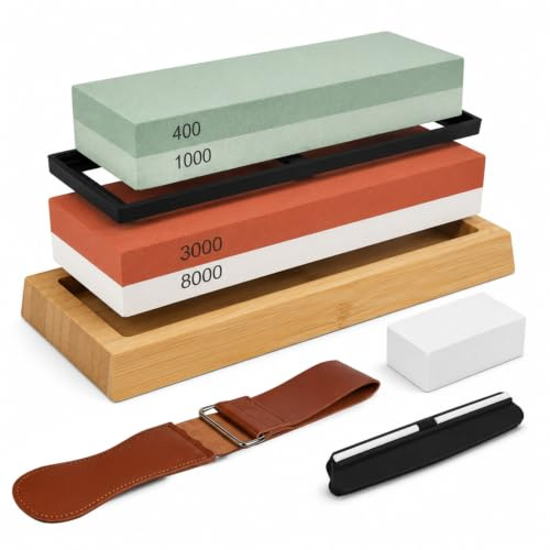 8-in-1 Pietra Affilacoltelli 400/1000 e 3000/8000, Pietra Affilatura, Pietra per Affilare, Kit con Cote per Affilare coltelli, Grana Giapponese Pietra, Supporto in Bambù Antiscivolo, Guida Angolare