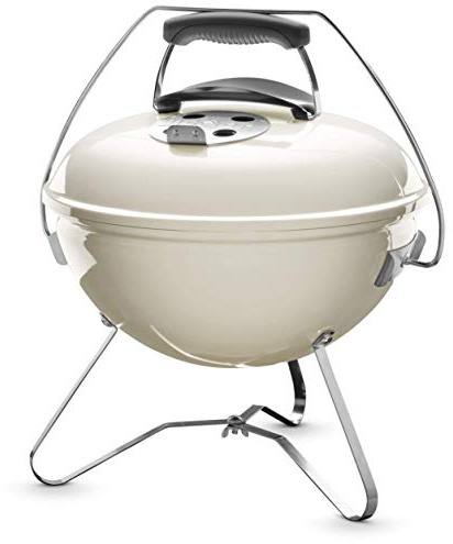 Weber Barbecue a Carbone Smokey Premium/Design Portatile, Coperchio e braciere smaltati in Porcellana, Superficie di Cottura di 37 cm, Maniglia Tuck-N-Carry, Avorio
