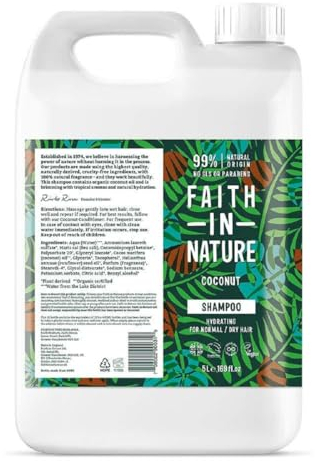 Faith In Nature Organic Coconut Shampoo, Hydrating for Dry Hair & Scalp, Vegan & Cruelty Free, No SLS, Silcones or Parabens, 5L Refill Pack