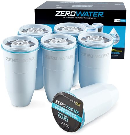 ZeroWater ersättningsvattenfilter patroner, 5 stegs filtreringssystem minskar fluorid, klor, bly och krom, 6 x filter