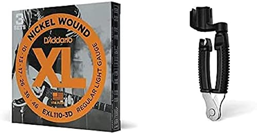D'Addario EXL110-3D vernickelte Stahlsaiten für E-Gitarre .010 - .046 Regular Light (3er Pack) Sparpack + Planet Waves DP0002 Pro Winder Saitenkurbel mit Saitenschneider Plastik schwarz +