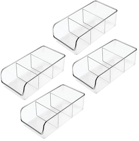 mDesign Plastic Food Storage Bin Organizer with 3 Compartments for Kitchen Cabinet, Pantry, Shelf, Drawer, Fridge, Freezer Organization - Holds Snack Bars - Ligne Collection - 4 Pack - Clear