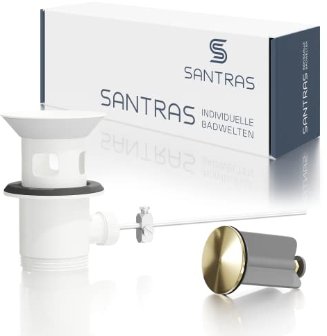 SANTRAS® Exzenter Ablaufgarnitur PREMIUM für Waschtisch mit Schutz vor Überlauf in Weiß (RAL 9003)/Gold – Komplette Überlaufgarnitur mit Ablauf Stöpsel in 1 ¼ für Armatur mit Zugstangengarnitur