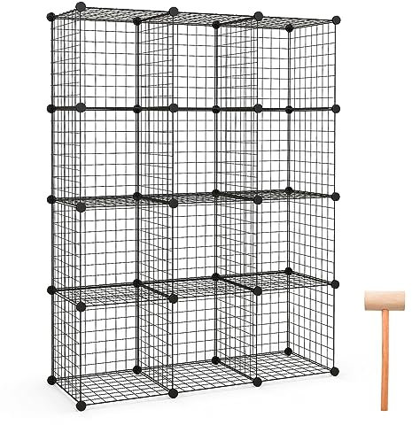 CASART 12/24 Cube Storage Shelves, Interlocking Frame Grid Wire DIY Wardrobe Closet Cabinet Rack, Toy Books Clothes Plants Display Organiser Unit for Home Living Room Bedroom (12 Cube, Black)