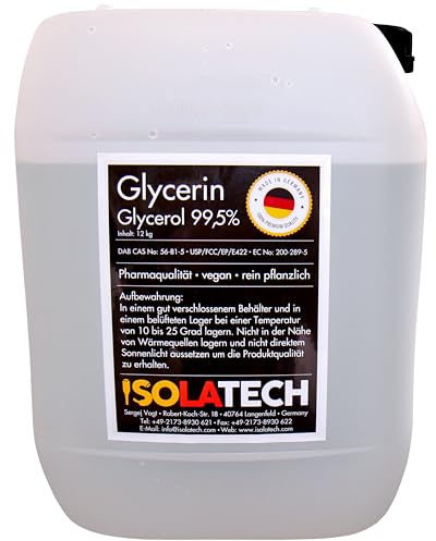 ISOLATECH Glycerin 99,5 % 10 l farmakvalitet, tillverkad i Tyskland, mätt 99,98 % rent vegetabiliskt, glycerin flytande transparent 10 l behållare (innehåll 12 kg)