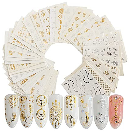 Jurxy Nagel Sticker Nagel Aufkleber 30 Blätter Fingernägel Nail Stamping Wasser Transfer Folie für Kinder Mädchen Frauen DIY Anfänger Nagelstudio - Zufälliges Muster - Gold und Silber
