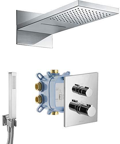 PaulGurkes Wasserfall Regendusche Unterputz Thermostatarmatur 3-Wege Duschsystem eckig Komplett Set Montagebox Stabbrause Handbrause Wandanschlussbogen massives Messing hochwertig verchromt