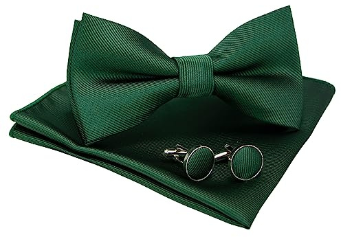 JEMYGINS Noeud Papillon Homme Vert foncé en Soie Réglable Sergé Fait à La Main et Boutons de Manchette et Carré de poche Ensemble Compris boîte(4)