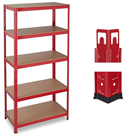 Relaxdays Schwerlastregal 5 Ebenen, HxBxT: 180x90x45 cm, rot | Keller, Garage, HxBxT: 180x90x45 cm, Stahl, MDF