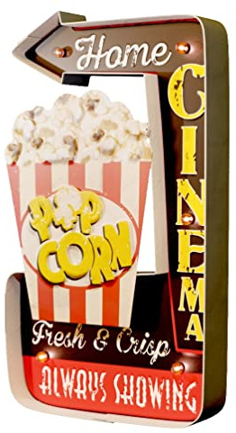 DiiliHiiri Cartel Palomitas Retro Luminoso Vintage Letrero de Cine Metálico Artesania Accesorios Decoración Hogar (Popcorn Home Cinema)