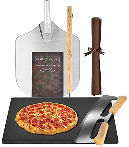GUGUGO Black Ceramic Pizza Stone Set with Pizza Cutter & Pizza Peel for Oven Baking and BBQ Grill, Nonstick & Durable & Safe Cooking Stones, Crispy Crust Gifts for Pizzas Bread, 16x12 Inch Rectangular