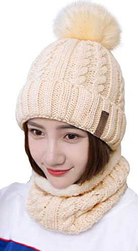 Damen Wintermütze Schal Set,Warm Weichem Innenfutter Strickmütze und Schal mit Fleecefutter,Winter Wärme Beanie Mütze Strickschal Set,Schlauchschal Hüte Mützen mit Kunstpelz Bommel Pom