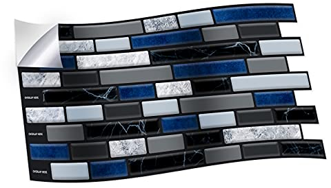 WALPLUS 12pcs(28.5x14cm/11.2x5.5in) Lux Touch Grey and Blue Marble Long Mosaic Wall Tile Stickers Peel&Stick Backsplash Vinyl Home Decor Splashback for Kitchen Bathroom Tile Paint Stick on Walll