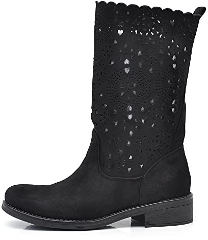 IF Fashion Damenschuhe Frühlings- und Sommerstiefel Perforierte Wadenhohe Biker-Stiefel Mit Schnallen Amphibien LY70-1, 38 EU