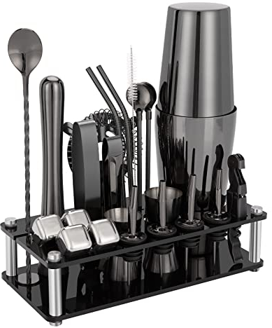 Cocktail-Shaker-Set, 23-teiliges Boston Edelstahl-Barkeeper-Kit mit Acrylständer & Cocktail-Rezepte-Booklet, professionelle Bar-Werkzeuge für Getränkemischung, Zuhause, Bar, Party - Schwarz
