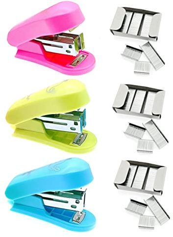 JZK Set di 3 pinzatrici e graffette piccole con 400 graffette n. 24/6, pinzatrice tascabile, mini pinzatrice per astuccio, pinzatrice per ufficio, cancelleria scolastica, verde, blu, rosa