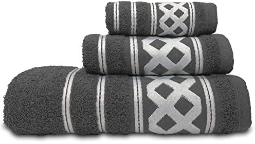 briebe Home Juego de Toallas Baño 100% algodón Rizo 450gr, Set 3 Piezas, Amazonica Basic, 3 Tamaños Ducha Sábana, Manos, Tocador, Cenefa Rombos Bordada, Hecho en Portugal Gris Oscuro