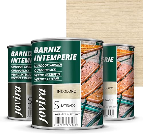 JOVIRA PINTURAS Barniz Madera Intemperie. Decora y embellece todo tipo de maderas al exterior, mesas, sillas, muebles, barcos, terrazas. (3X750 Mililitros, Satinado) K-22-3