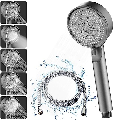 Pommeau de Douche Haute Pression Économie d'Eau 5 Modes Réglable, Économique, Douchette Salle de Bain avec 1.5M Tuyau (Grey Set)
