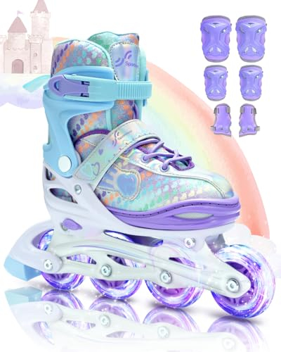 Inliner für Kinder 34-41 Verstellbar, Sportneer Inline Skates Mit 6er Protektoren Setfür Kinder Mädchen Damen, 8 LED inliner Kinder Regenbogenserie