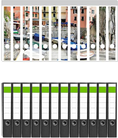 Wallario 12 Stück schmale Ordner inkl. Klebeetiketten mit Motiv Bunter Hafen in Italien - Set mit Rückenschildern/Ordnerrücken Stickern