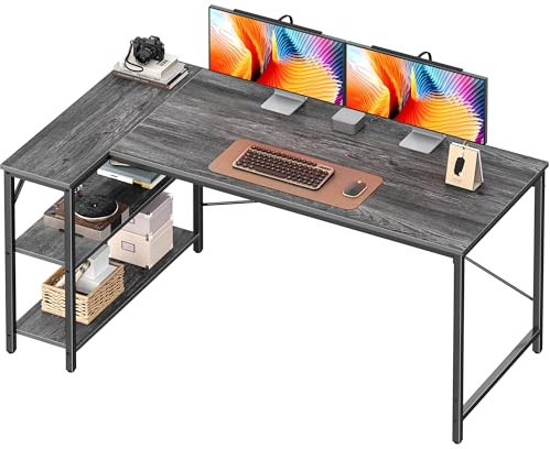 Huuger Escritorio en forma de L, escritorio de computadora de 55 pulgadas con estantes de almacenamiento reversibles, para esquina de juegos, hogar, oficina, estudio, marco de metal, gris