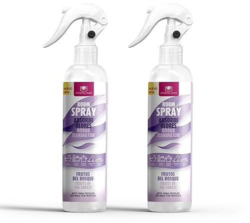 CRISTALINAS | Pack 2 Aerosol Ambientador Spray Pulverizador Absorbe Malos Olores | Para Casa, Cocina, Baño, Coche | Apto para Textiles | 2x250ml | No Contiene Gas (Frutos del bosque, 2x250ml)