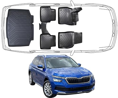 Trimak Passgenau 3D Fussmatten & Kofferraumwanne Set Kompatibel mit Skoda Kamiq ohne verstellbaren Kofferraumboden ab 2019 Auto Gummimatten & Kofferraummatte Autos TPE Allwetter Geruchlos