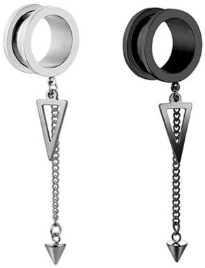 Aotiwe 2 Stück flesh tunnel ohrringe, tunnel plug ohr Rund mit Kette und Dreieck Anhänger, Silber schwarz 1/2 inch 12mm Edelstahl Expander Ohrpiercing