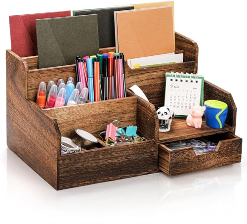 Pumtus Brown Wooden Mail Organizer, Desk Organizer with 7 Compartments and Drawer, Rustic Mail Sorter with Pen Holder, Tabletop Mail Basket, Office Accessories Holder for Pen File Letter Document