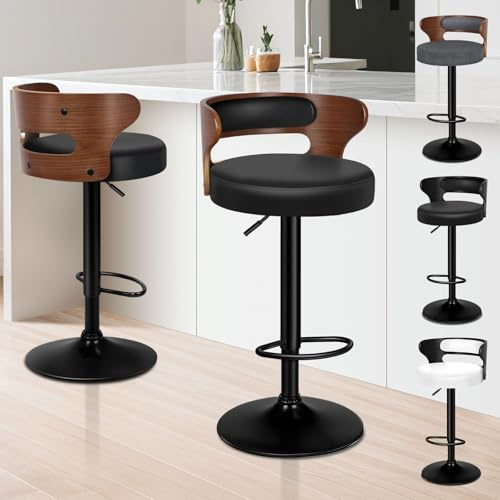 ALFORDSON Bar Stools Set of 2, Comfy Barstools PU Leather, 360° Swivel Wooden Kitchen Chair with Backrest and Footrest, for Dining Room Pub Bar Countertop, Ramiro Series, Black