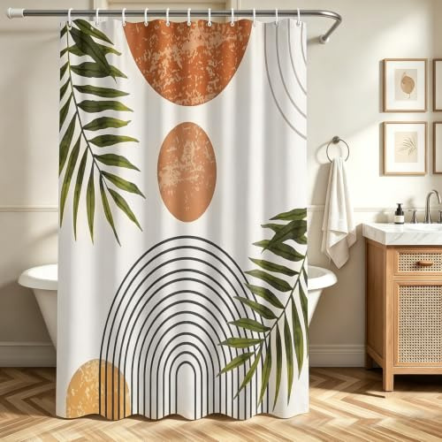 Lerores Duschvorhang 180x200cm Blätter Linie, Beschwerter Saum Antischimmel Textil, Wasserabweisend, Waschbar Polyester Stoff Badevorhänge mit 12 Ösen und Duschvorhangringe für Badezimmer, Badewanne