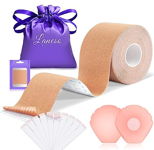Laneso Boob Tape Sujetadores Adhesivo Mujer Push Up - 2 Pezoneras Sexy Sujetador Invisible Sin Espalda, Cintas de Pecho Doble Cara Ropa Copa A-E