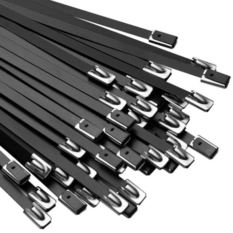 OFFO Bridas Metalicas,60 Piezas,Bridas Cables de Metal,400 mm x 4,6 mm,Bridas Negras,Resistentes a los rayos UV,Bridas Cables de acero para gestión de cables