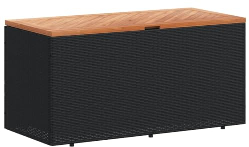 vidaXL Gartentruhe, Kissenbox Auflagenbox mit Deckel, Gartenbox mit wasserfestem Beutel, Aufbewahrungsbox Sitzbank Gartenmöbel, Schwarz Poly Rattan Akazienholz