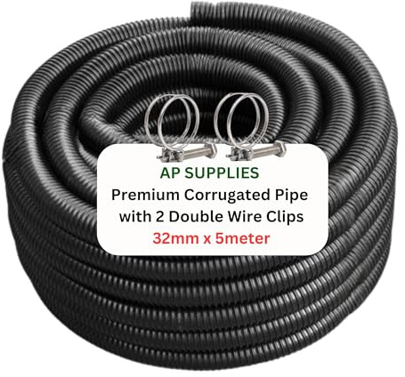 32mm x 5meter Flexible Pond Hose Corrugated Pipe with 2 Clips - Double-Wired Hose Clips for Pond Pumps, Filters, Drainage – Corrugated Water Butt Connector Pipe - Black