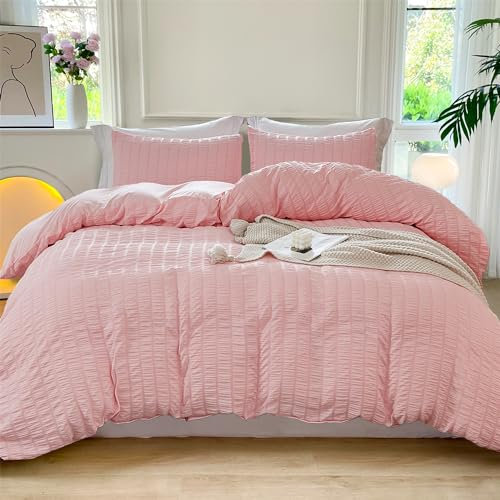 Seersucker - Funda nórdica de 140 x 200 cm, diseño de rayas, color rosa, estampado a rayas, estructurado, adulto, suave, cómodo, elegante, juego de cama para 1 persona a rayas, con 1 funda de almohada