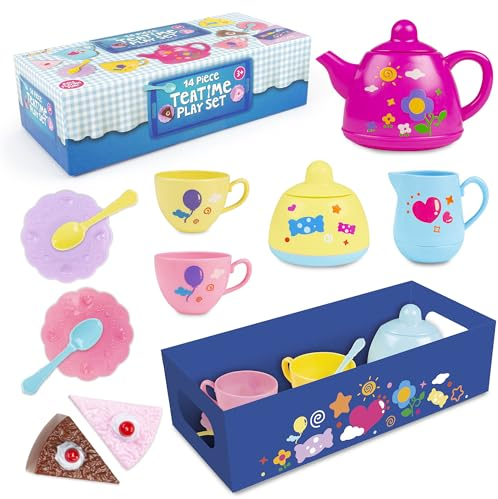 Abeec Tea Set for Toddlers, 14 Pc With Teapot - Ideal Kitchen Set for Preschool, Nursery, Role Play, Pretend Play and Accessories - Toddler Toys, Stocking Filler
