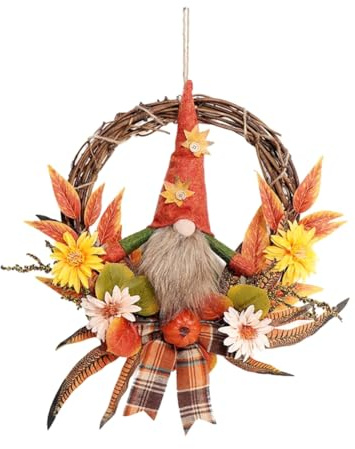 Barfeery Fall Wreath Artificial Autumn Front Doors Wreath with Plush Gnome Pumpkin Flower Maple Leaves Harvest Handmade Wreath Easy Install