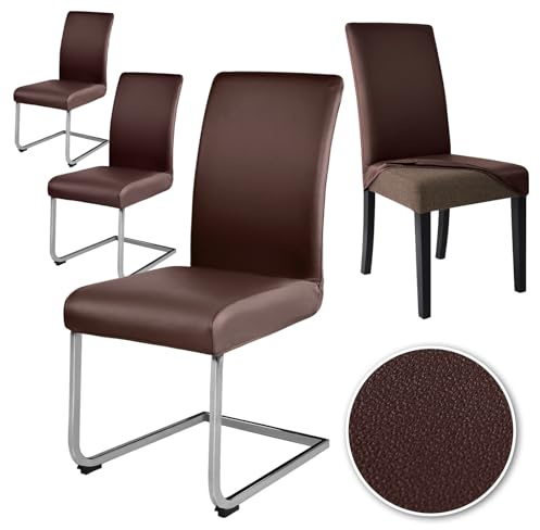 Alishomtll Stuhlhussen aus Kunstleder, wasserdicht, elastisch, Stuhlhussen für Esszimmer, Küche, Restaurant, Hotel, Hochzeit (Braun, 4 Stück)