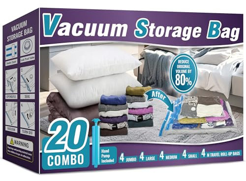 Oumaru Vacuum Storage Bags for Clothes, 20 Pack Vacuum Bags, Space Saver Bags for Clothes, Duvets and Pillows, Hand Pump Included